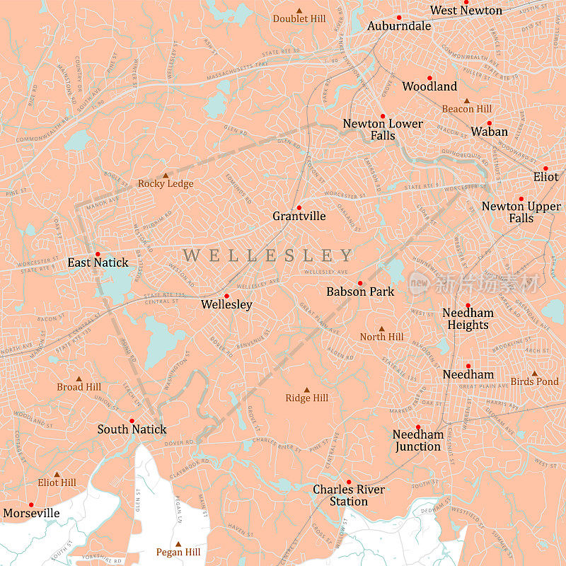 MA Norfolk Wellesley矢量路线图